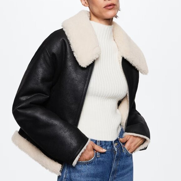 Mango MNG 100% Polyester Faux Fur Shabby Chic Shearling Collar Full Zip Jacket - Picture 9 of 9